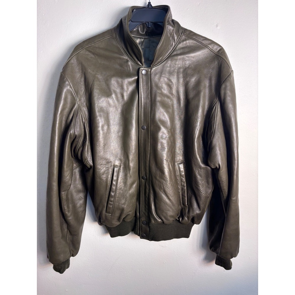 Roots Canada Mens XL Leather Bomber Jacket Olive Green Made in Canada CA05017